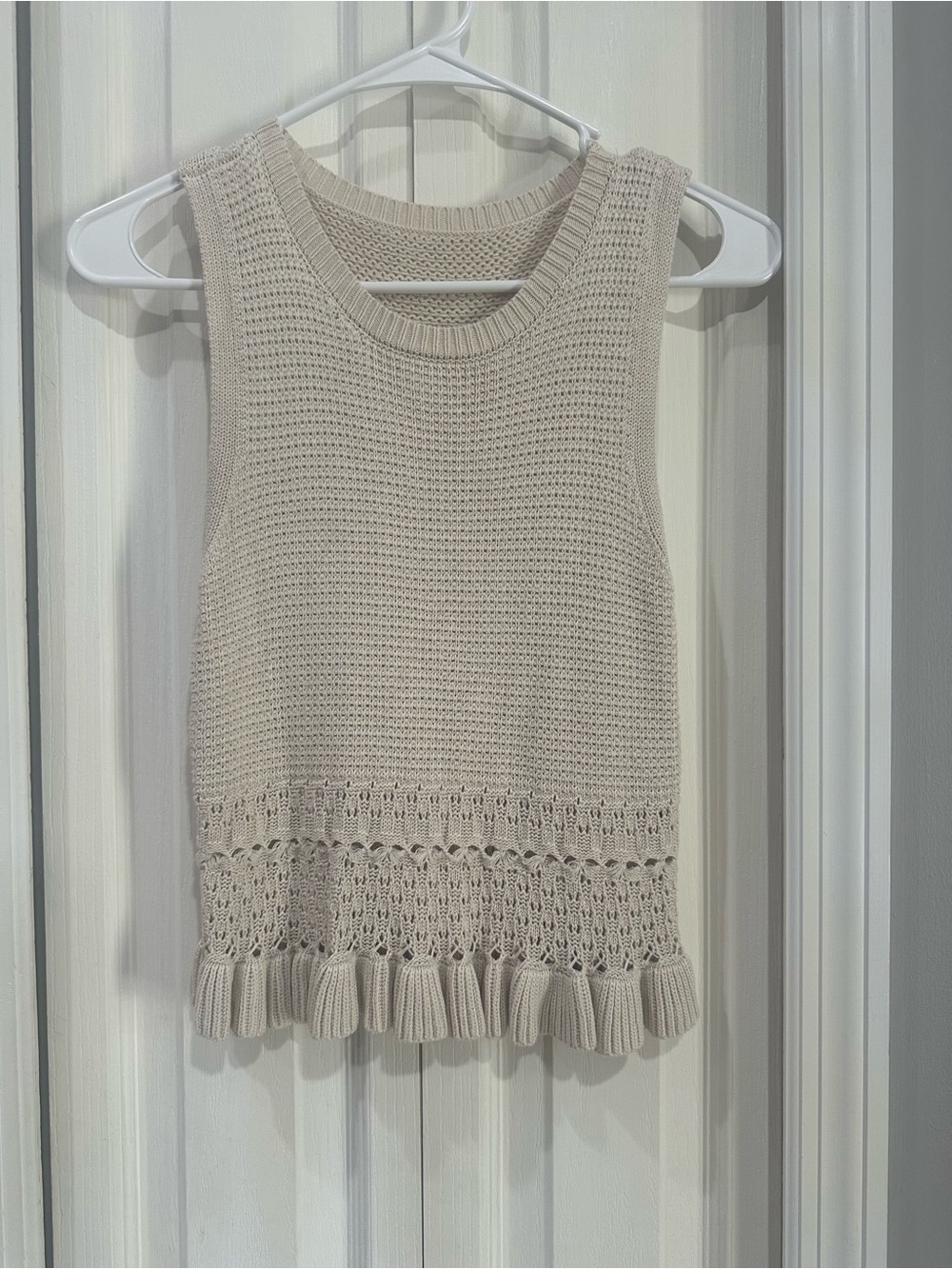 Women's Knit Tank Top - Cream Sleeveless Crochet Hem Size XS